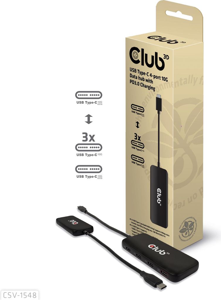 Club3D USB-Hub Typ C > 4x USB Typ C 10Gbps + 100W PD St/Bu retail