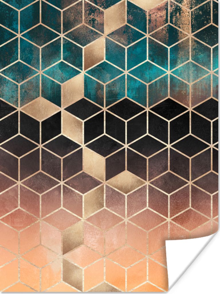 MuchoWow Poster Abstrakt - Würfel - Gold - Muster - Luxus 90x120 cm - Wohnzimmer