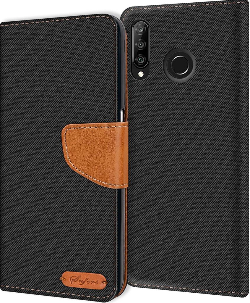 A black flip case wallet for a Huawei P30 Lite phone is shown open, revealing the phone's back and camera module. The case has a brown leather strap closure and a small brown logo on the front flap.
