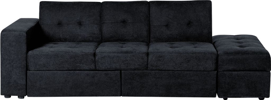 BELIANI 3-Sitzer Sofa Schwarz Stoffbezug Gesteppt mit Ottomane Schlaffunktion Bettkasten Tablett Flache Armlehne Modern Wohnzimmer Ausstattung