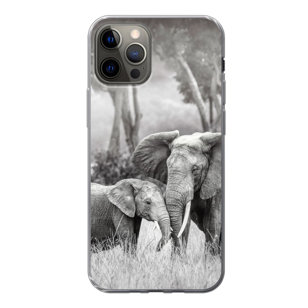 MuchoWow Handyhülle Schutzhülle Hülle für iPhone 13 Pro Elefant - Tiere - Natur - Schwarz und weiß Silikon Softcase Handy Hülle - Handy-Tasche