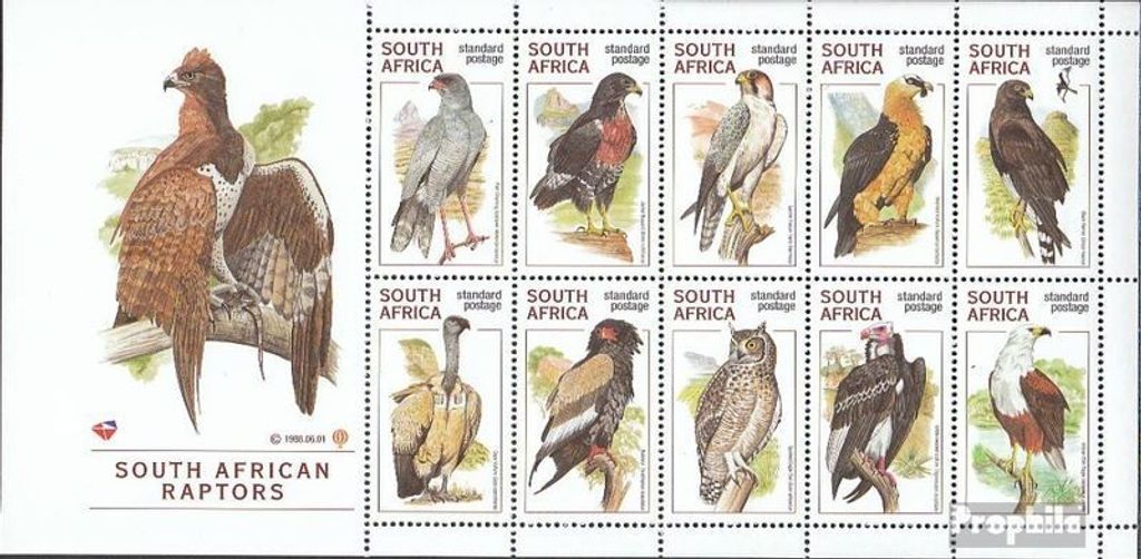 Briefmarken Südafrika 1998 Mi 1140-1149 Kleinbogen (kompl.Ausg.) gestempelt Raubvögel
