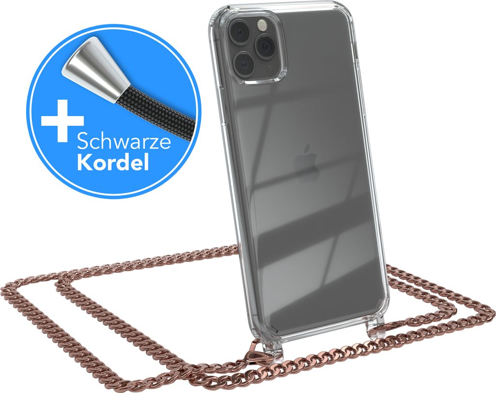 EAZY CASE Metall Handykette für Apple iPhone 11 Pro Max, Handyhülle mit Umhängeband, Silikonhülle, Metallkette für Smartphone in Rosa