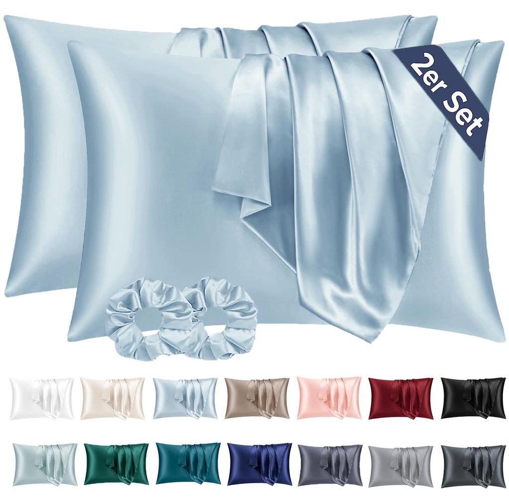 2 Satin-Kissenbezüge (70 x 40 cm), hellblau, seidig weich, pflegender als Seidenkissenbezüge, Satin-Kissenbezug für Haar und Haut, inklusive 2 H...