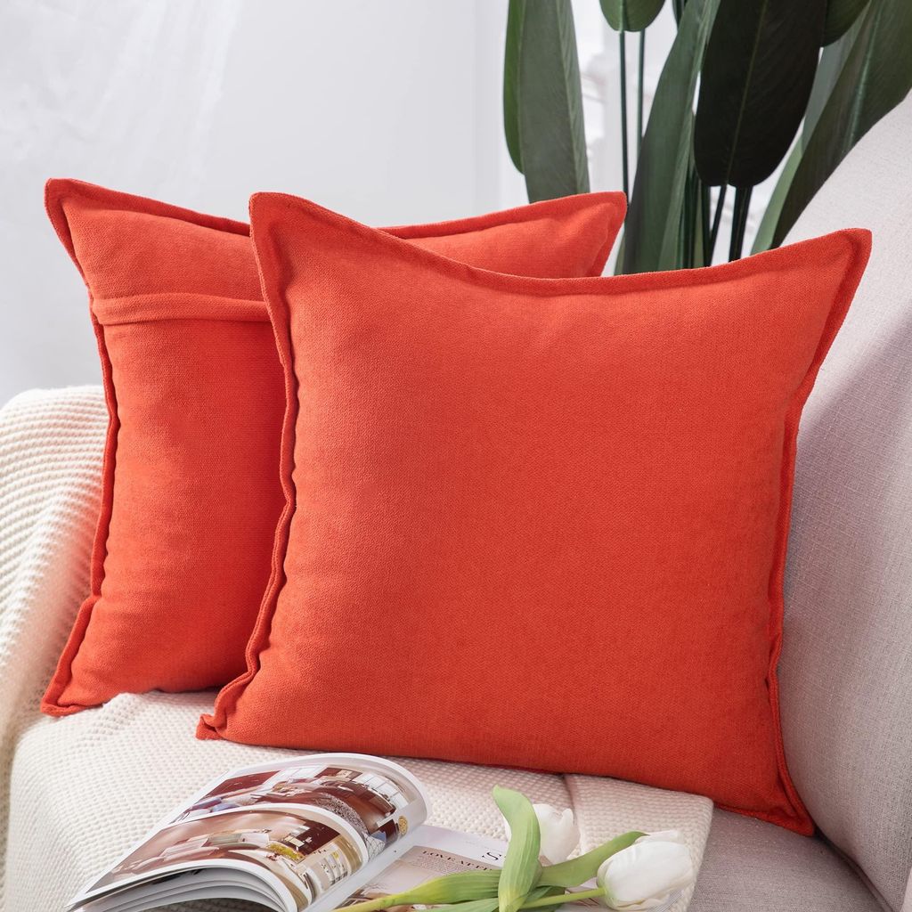 Set mit 2 dekorativen Chenille-Kissenbezügen, weiche Dekokissenbezüge für Sofa und Schlafzimmer, rötlich-orange, quadratisch 50 x 50 cm