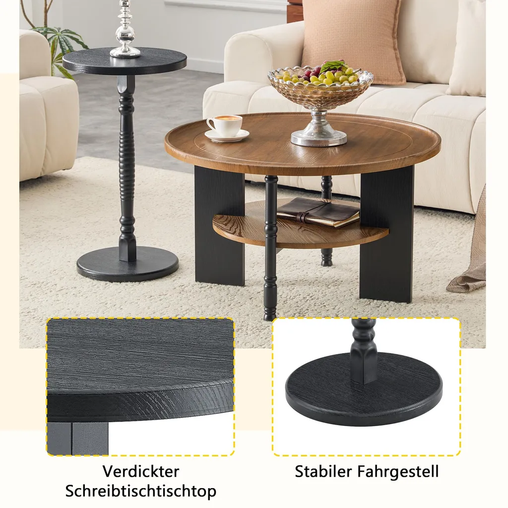 Table basse ronde 80cm avec rangement et table d'appoint en bois - 5