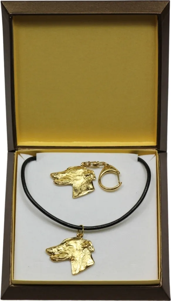 Greyhound, grande levriero inglese - Portachiavi e collana con cane in una scatola, prodotto placcato in oro di alta qualità, marchio Art-Dog