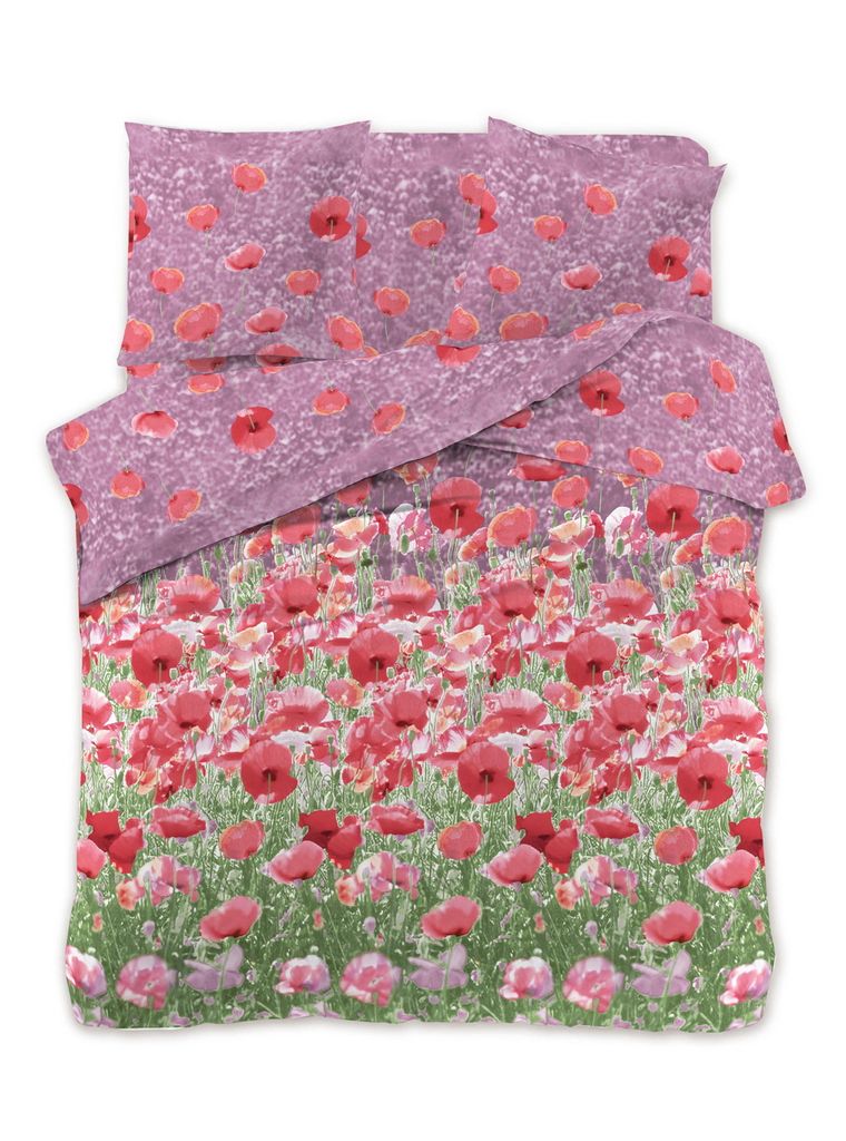 A flat lay of a bedding set with a poppy flower pattern.