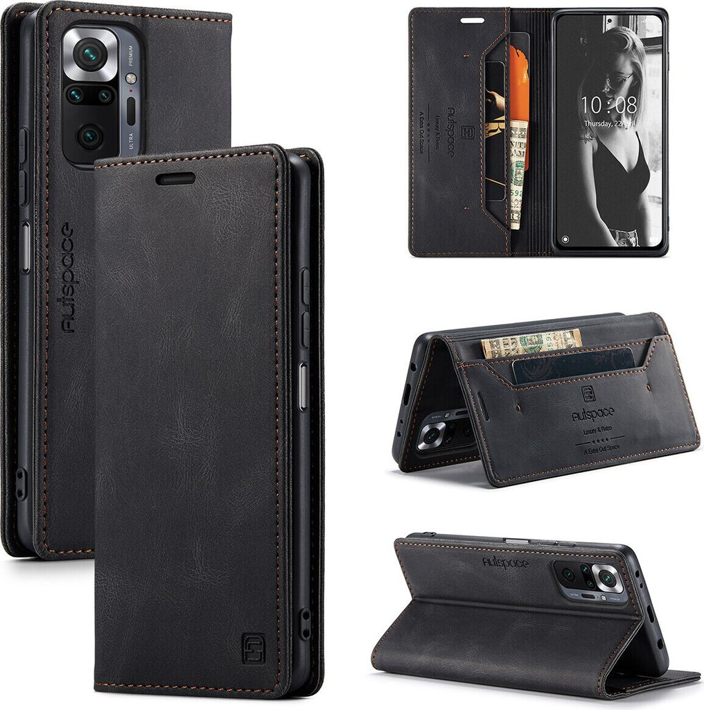 Redmi Note 10 Pro Brieftasche Hülle, Retro Kunstledertasche Stand Schutzhülle für Xiaomi Redmi Note 10 Pro/Note 10 Pro Max Schwarz