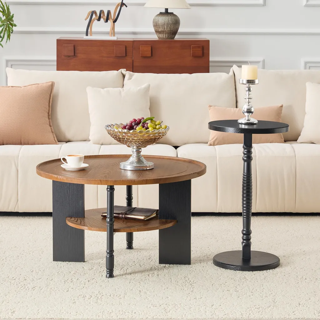 Table basse ronde 80cm avec rangement et table d'appoint en bois - 10