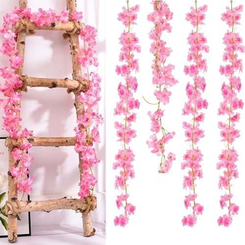 4PCS Kirschblüten Deko Kunstblumen, 180cm Blumenranken Künstlich Sakura Dunkelrosa, Kunstblumen Girlande Frühling, Künstliche Blumengirlande De...