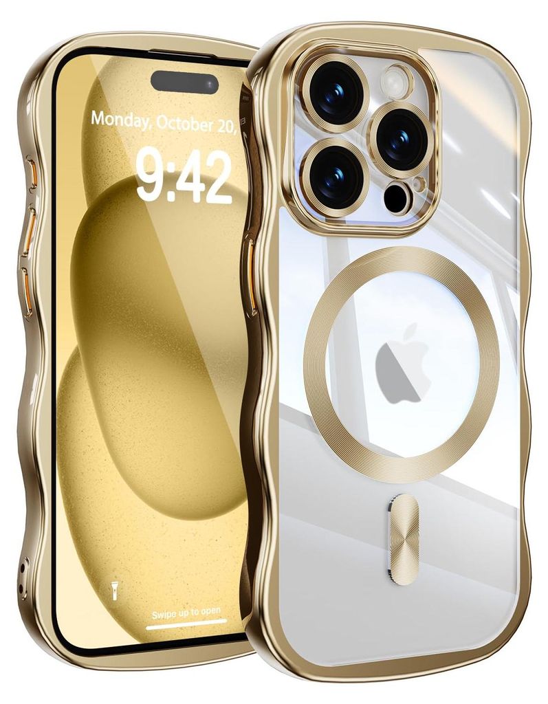 Magnetisch Hülle für iPhone 15 Pro, Wellen Überzug Bumper Transparent Stoßfeste Handyhülle mit Kameraschutz Gold
