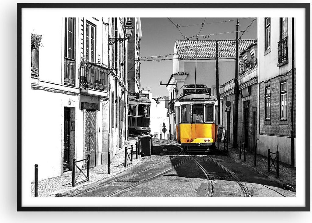 Gerahmtes Poster - Schwarzer Rahmen - Straßenbahn Portugal Lissabon - 100x70 cm - Wand Bild - Wanddeko - Wandbilder - Kunstposter - Wandposter - B...