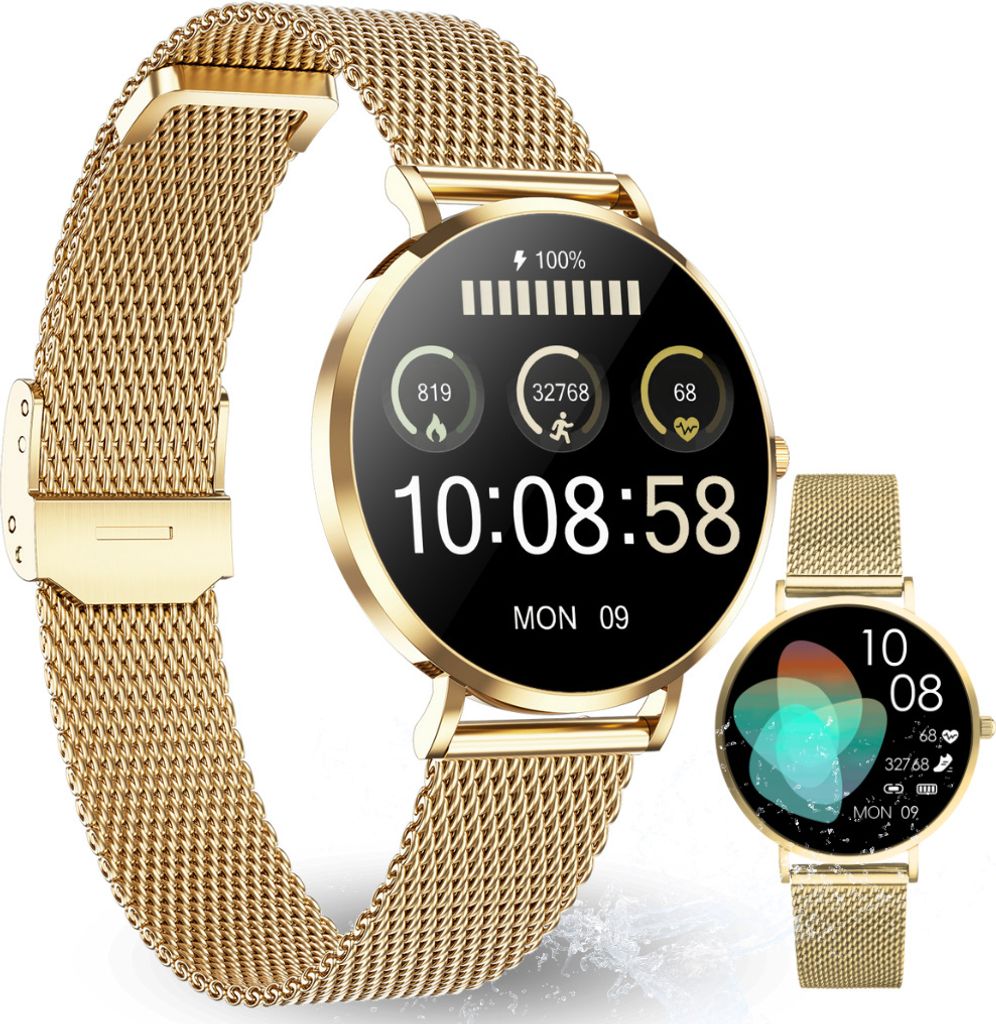 A gold smartwatch with a mesh band is displayed against a white background, with a smaller inset image of the same watch.