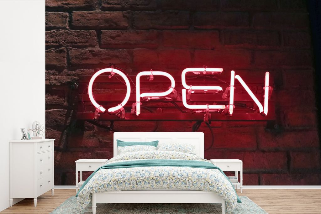 MuchoWow Fototapete für Wohnzimmer oder Schlafzimmer Wandtapete Vinyl Motivtapete Eine offene Tafel mit roten Buchstaben - 390x260 cm - Papierta...