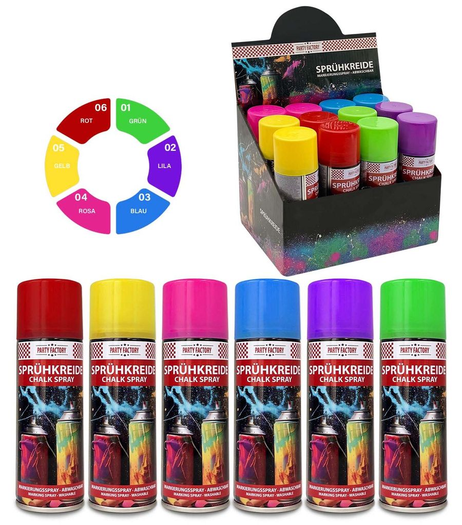 Kinder Sprühkreide Set 12 Stück – 6 Farben 100ml abwaschbar Produktbild 