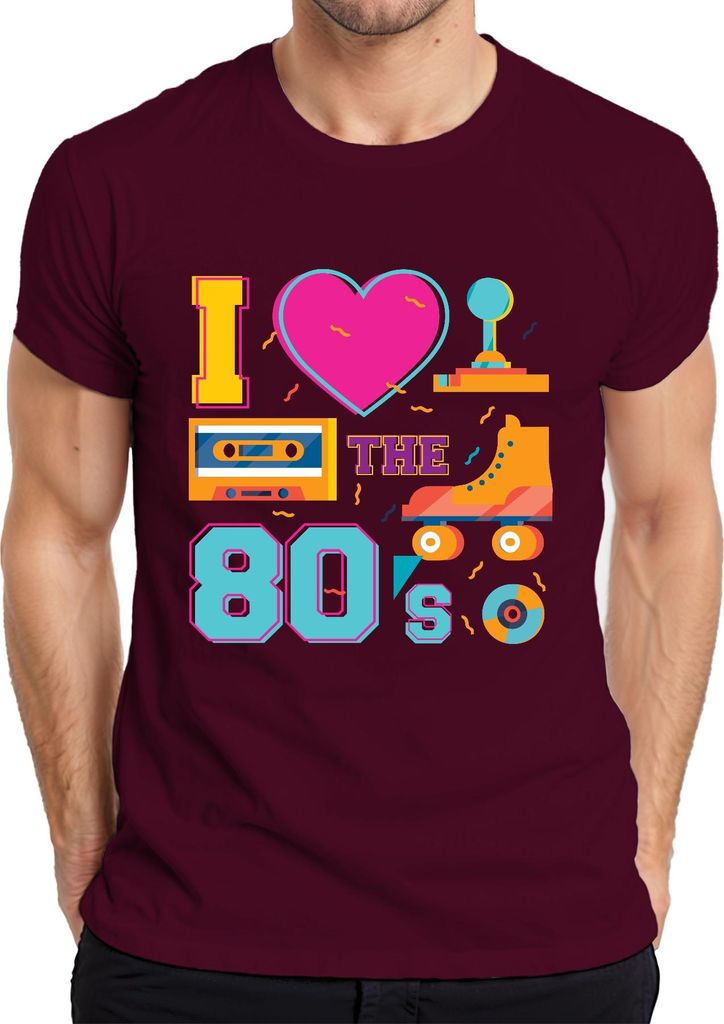 I THE 80's Retro 80er Nostalgie Rollschuhe Kassette Disco Party Herren T-Shirt, Burgundy, 3XL