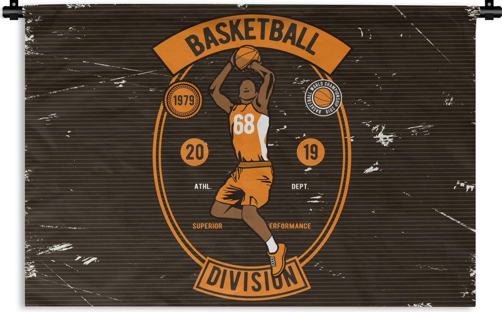 MuchoWow Wandteppich Wandbehang Mancave - Basketball - Retro - Orange - Schwarz 150x100 cm Tapisserie Dekoration Wandtuch - Waschbar - Tapisserie...
