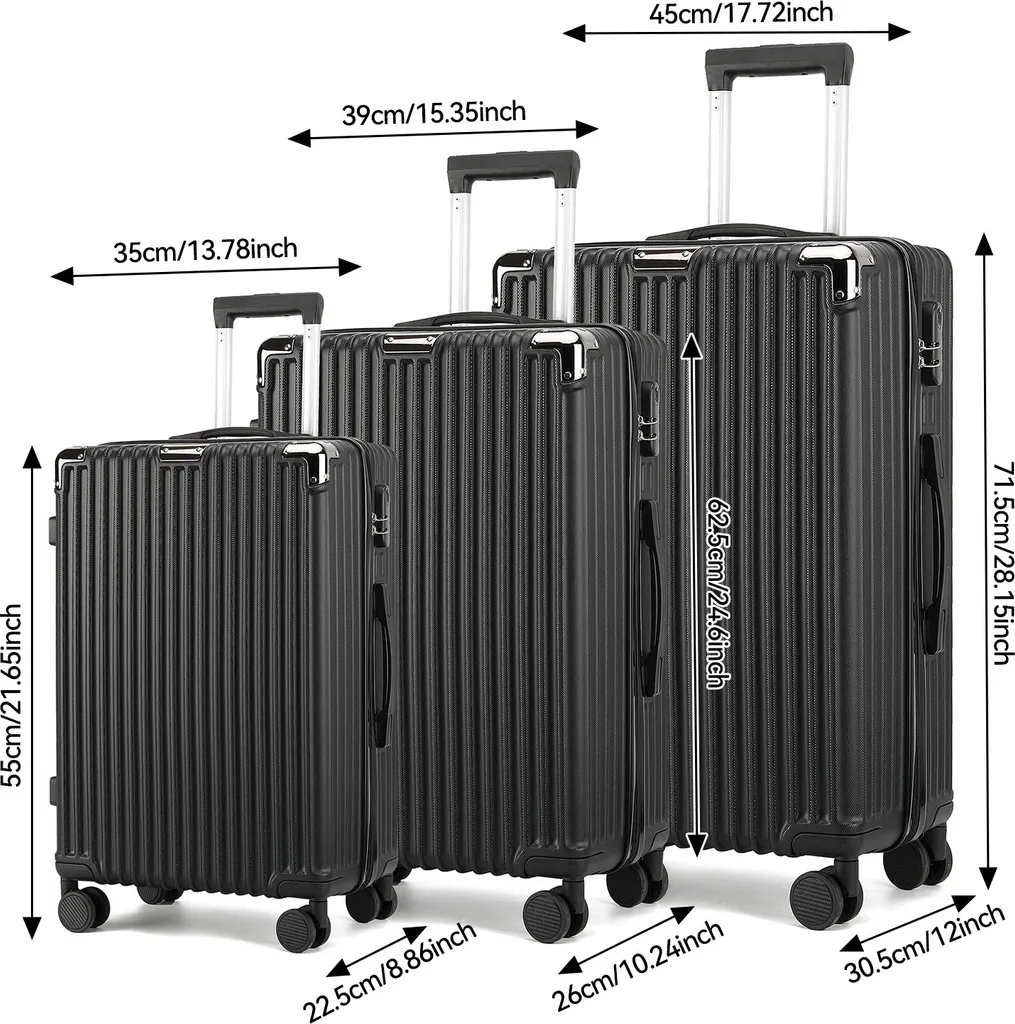 Valises à Roulettes Noir Mat avec Trolley Ajustable - Pack de 3 Formats - 3