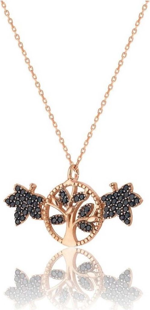 925 Silber Kette Lebensbaum – Damen Halskette Rosegold Schwarze Zirkonia Blatt Geschenk