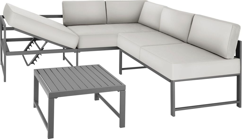 An outdoor sectional sofa and coffee table set on a white background.