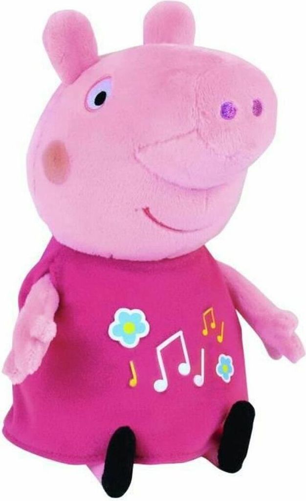 A plush toy of Peppa Pig wearing a pink dress with musical notes and flowers.