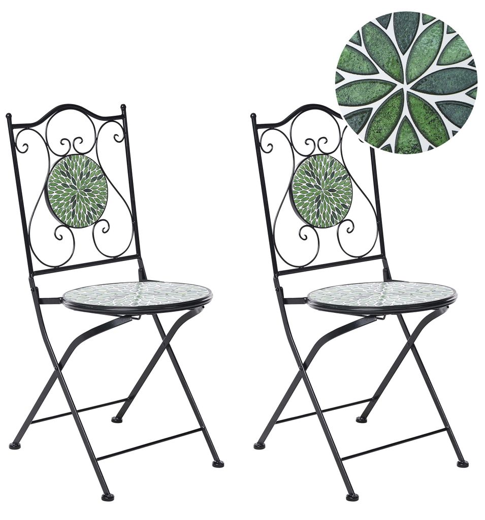 BELIANI Gartenstuhl 2er Set Schwarz Metall Klappbar Faltbar Mosaik Muster Vintage Stil Balkon Garten Terrasse