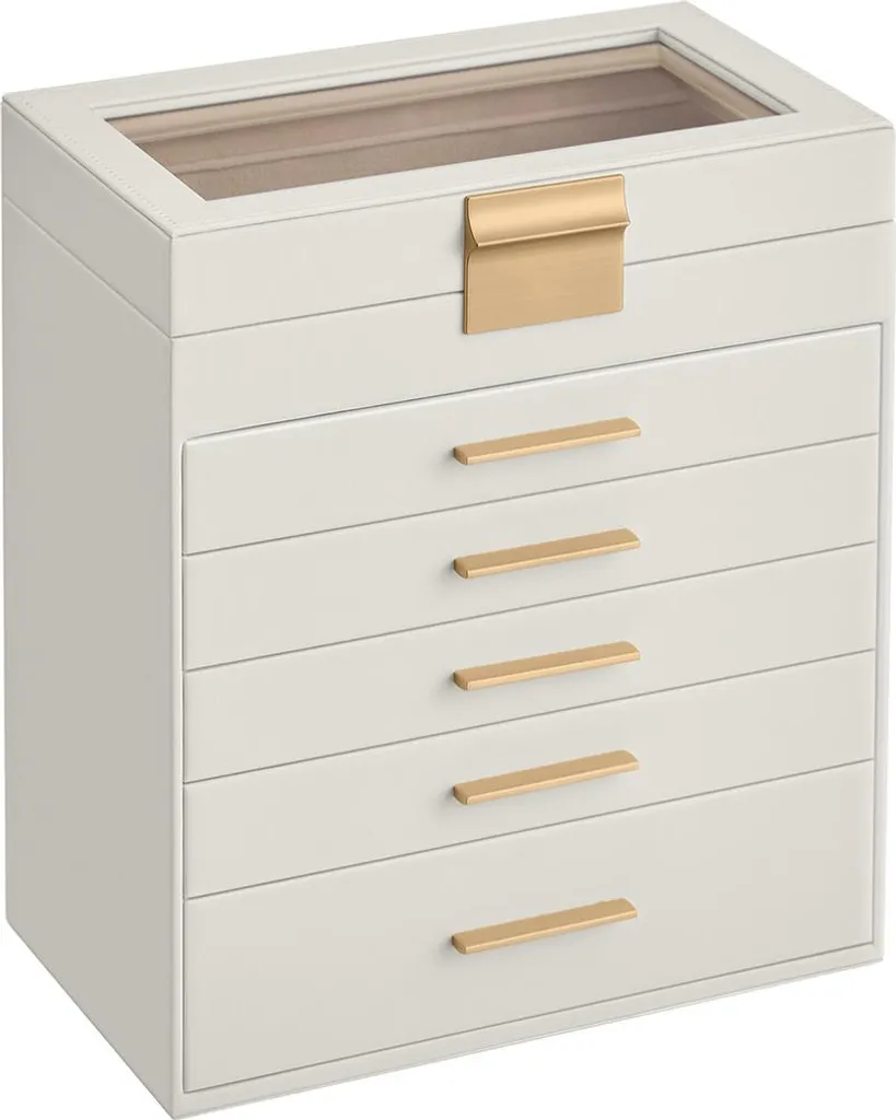 Grand coffret bijoux 6 étages avec vitrine en verre blanc nuage et or