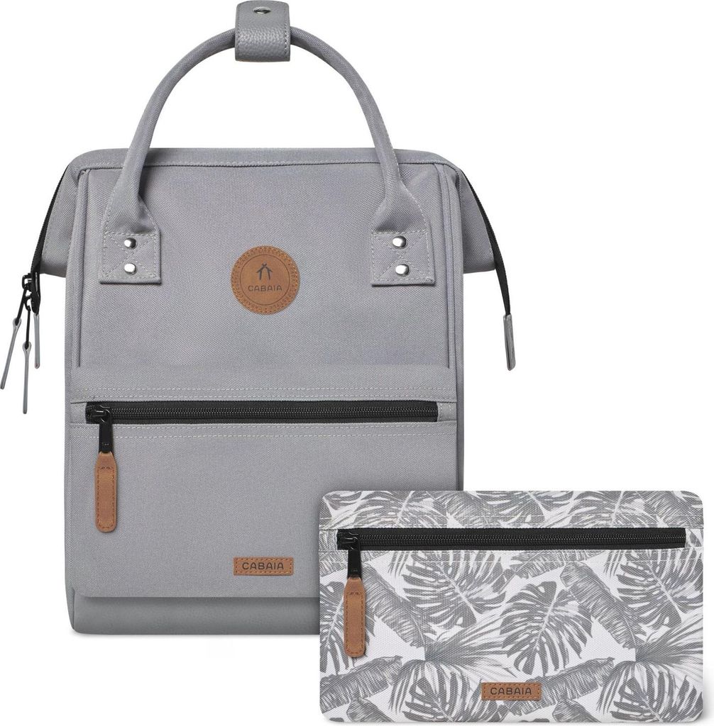 A gray backpack and a patterned pouch are displayed against a white background.
