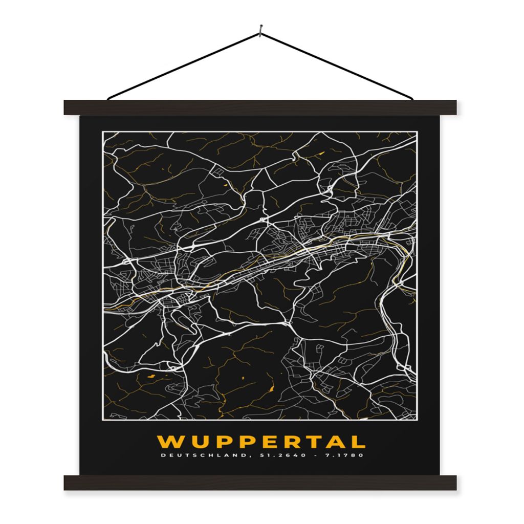MuchoWow Textilposter Stadtplan - Deutschland - Gold - Wuppertal - Karte 60x60 cm mit schwarzem Rahmen - Posteraufhänger