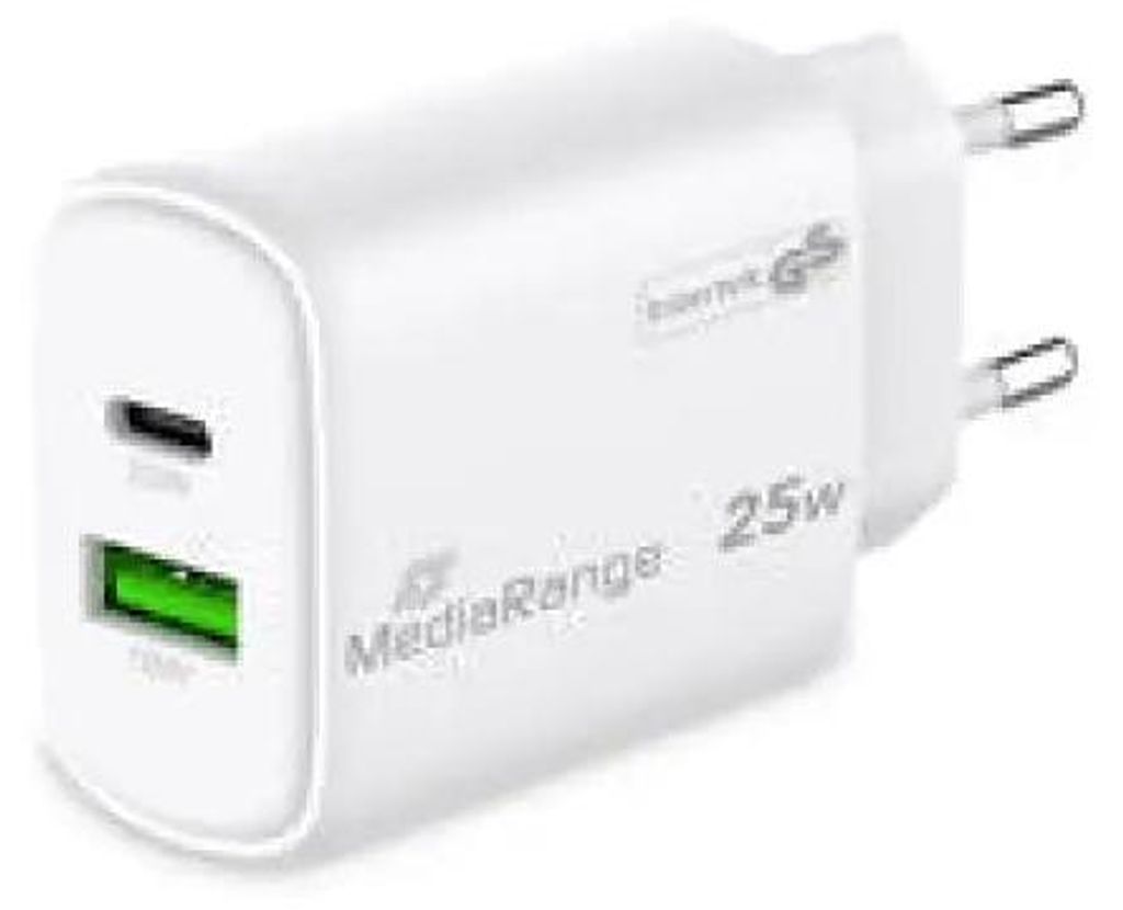 MediaRange Ladegerät 25W 2-Port 1x USB-A/1x USB-C GaN, weiß