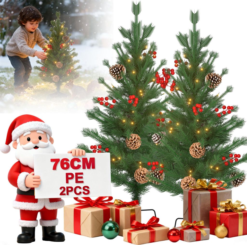 LZQ 2x Mini Weihnachtsbaum 76 cm PE | 30 LED, Tannenzapfen & rote Beeren, Erdspieß | Kleine Deko für Tisch, Kommode – Typ C