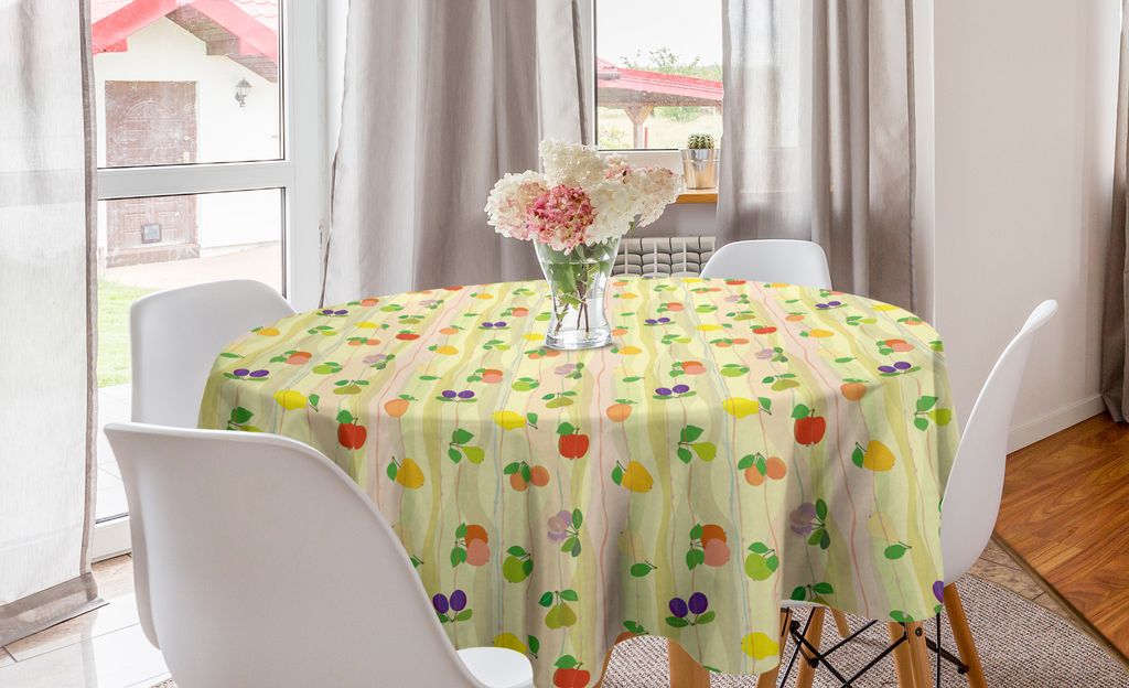 ABAKUHAUS Obst Runde Tischdecke, Apple Plum Pear Waves, Kreis Tischdecke Abdeckung für Esszimmer Küche Dekoration, 150 cm, Mehrfarbig