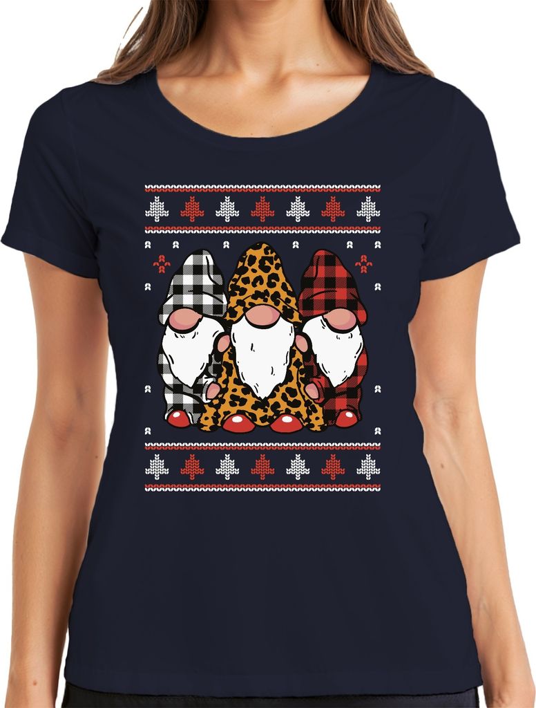 Weihnachtsgnome Wichtel Elfen Kariert - Ugly Christmas Sweater Weihnachten Damen T-Shirt, Navy, S