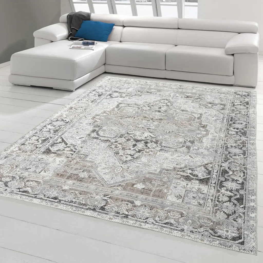 Tapis d'Orient gris et crème 140x200 cm ornementé avec motifs vintage