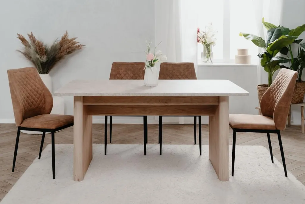 Grande table de repas extensible bois et effet pierre travertin 200cm - 13