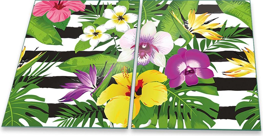 Herdabdeckplatten Glaskeramik Spritzschutz Glas Universal 2-Teilig 2x40x52 Blumen Bunt