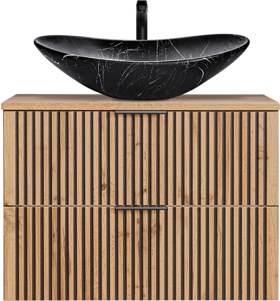 Waschtisch schwarz gerillt 80 cm Waschbeckenunterschrank mit Keramik Waschbecken XANTEN-56 in anthrazit mit Eiche Nb., B/H/T: ca. 80,6/73,7/46,5 cm