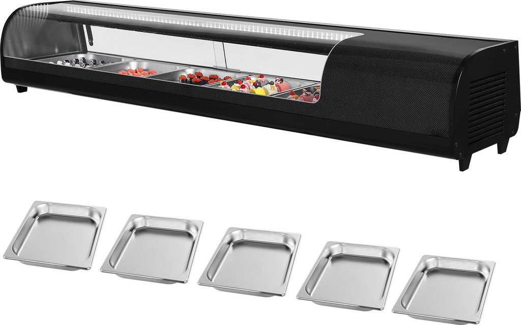 SucceBuy Sushi Kühlvitrine 82 L kommerzielle Aufsatzvitrine mit 5 Behältern, gebogenem Glas, LED-Beleuchtung und digitaler Temperatursteuerung ...