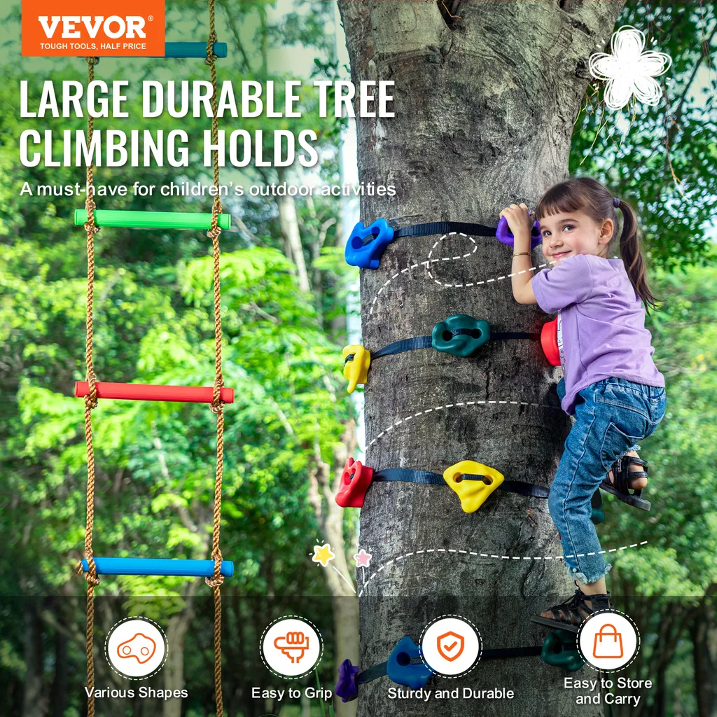 Set di arrampicata sull'albero per ninja VEVOR, 12 prese per l'arrampicata sull'albero, 6 imbracature a cricchetto e una scala per l'arrampicata, rocce per l'arrampicata per bambini e adulti, di diversi colori e forme, per i guerrieri ninja all'aperto - 2