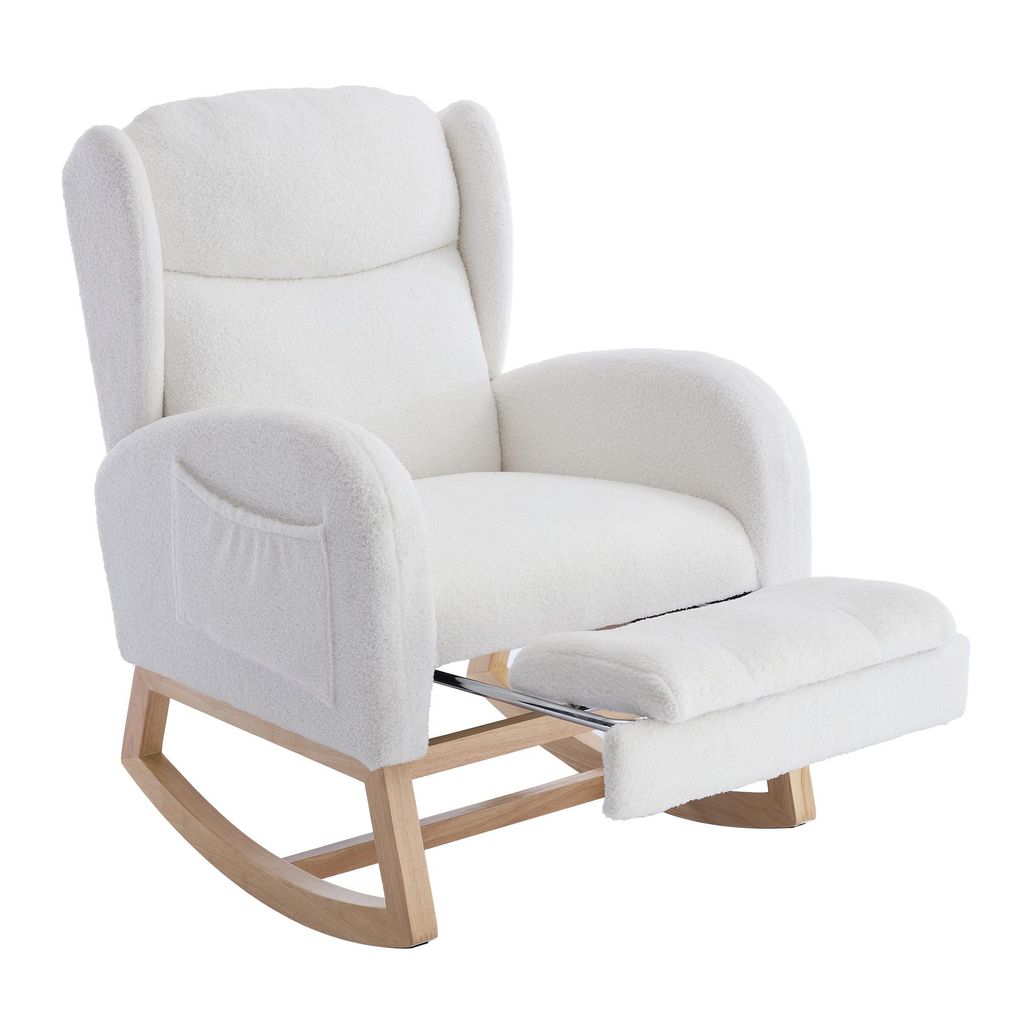 AIORBER Schaukelstuhl mit Teddy-Stoff, verstellbarer Fußstütze, hoher Rückenlehne, Holzgestell, Tasche, Loungesessel, Relaxstuhl, Weiß / Grün ...