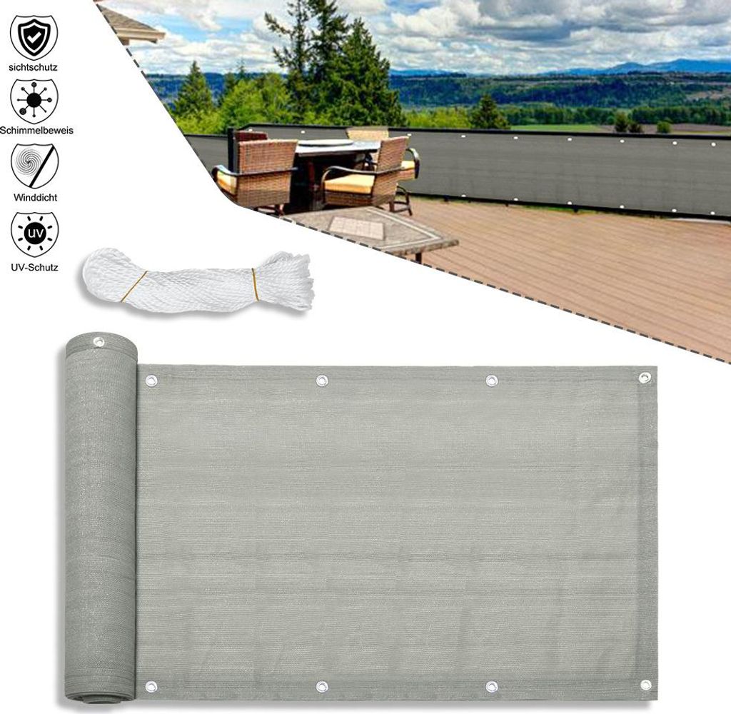 Izrielar Balkonsichtschutz aus HDPE (180g/m2), 75x600cm, Balkonabdeckung mit Ösen, Schattiergewebe, UV-Schutz, Windschutz, Reißfeste, Grau, für ...