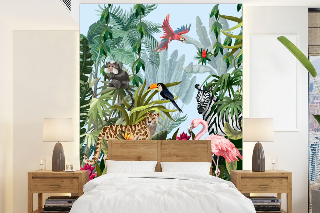 MuchoWow Fototapete für Wohnzimmer oder Schlafzimmer Wandtapete Vinyl Motivtapete Dschungel - Natur - Jungen - Mädchen - Kinder - Zebra - Flami...