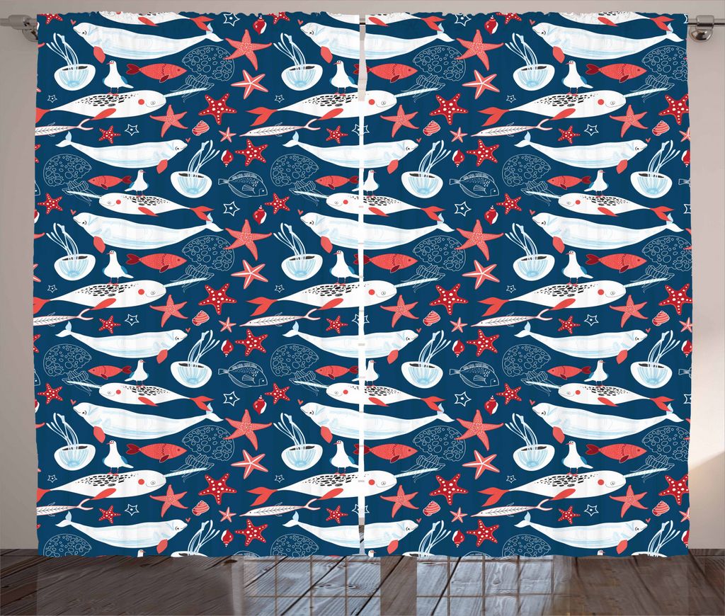 ABAKUHAUS Narwal Rustikaler Gardine, Arktischer Ozean Fauna, Schlafzimmer Kräuselband Vorhang mit Schlaufen und Haken, 280 x 225 cm, Königsblau B...