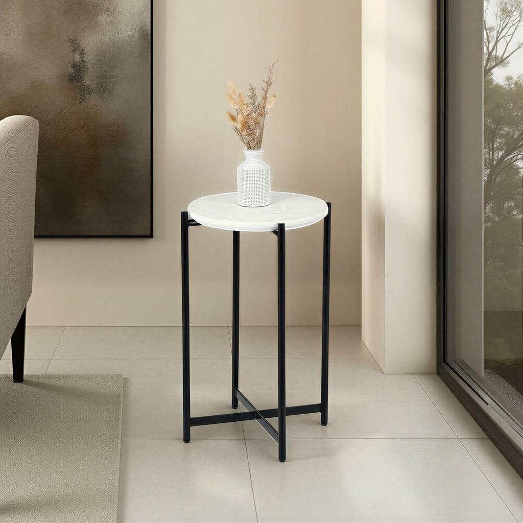 Beistelltisch CRATO mit Tischplatte aus Marmor, rund 36 cm, Schwarz/Weiß - Sofatisch im modernen Design, ideal für Wohnzimmer, runder Couchtisch,...