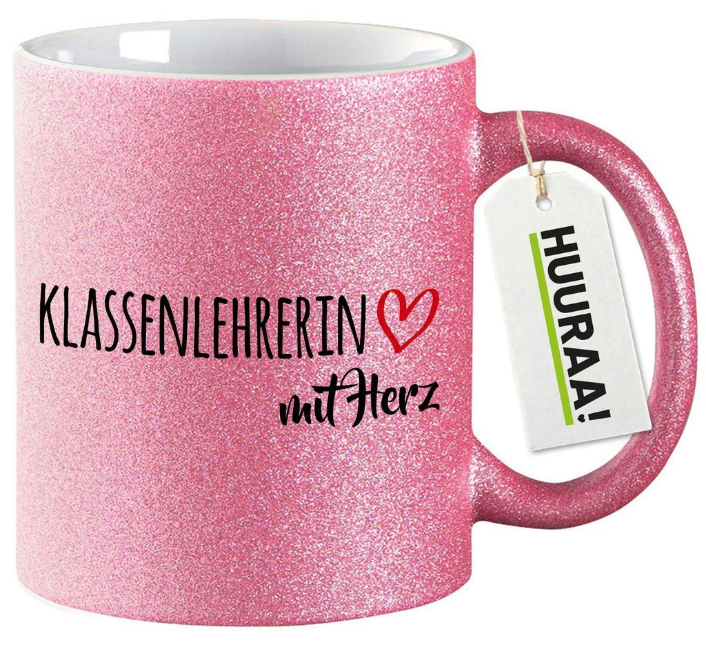Huuraa Glitzertasse Klassenlehrerin mit Herz 330ml Pink Keramik Kaffeebecher Geschenkidee