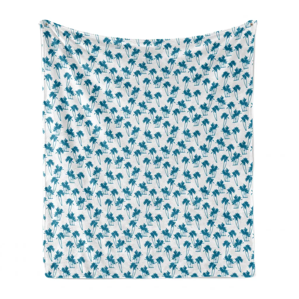 ABAKUHAUS Palms Morbida coperta in pile di flanella, alberi hawaiani monocromatici, soffice peluche per interni ed esterni, 125 x 175 cm, turchese scuro e bianco