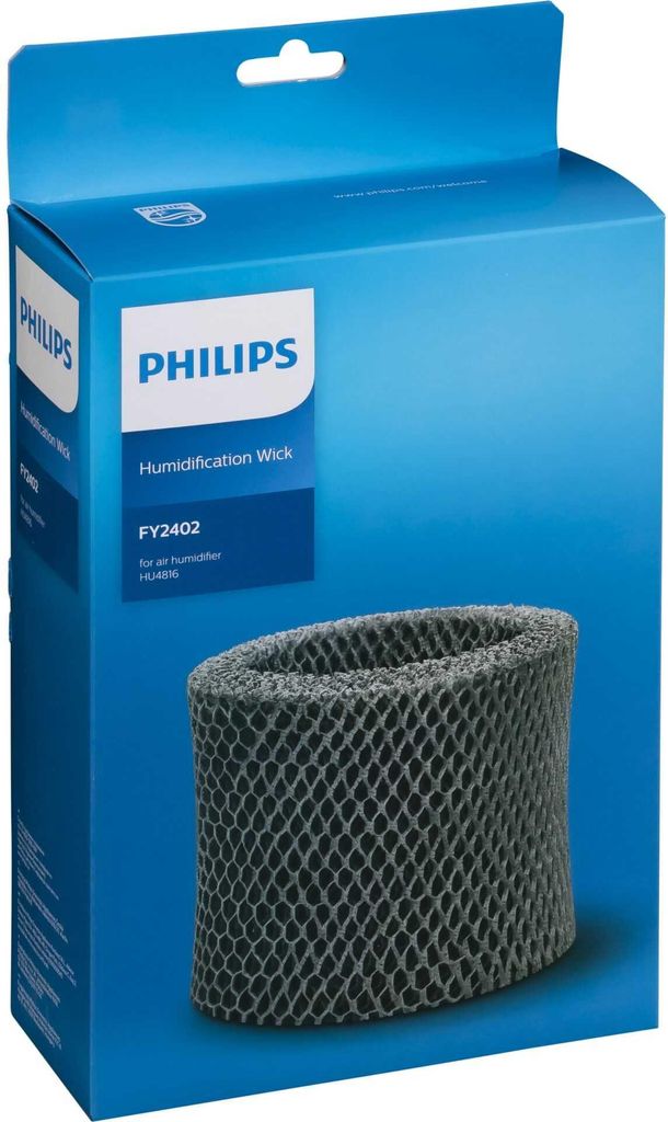A blue box with a Philips humidifier wick on display.