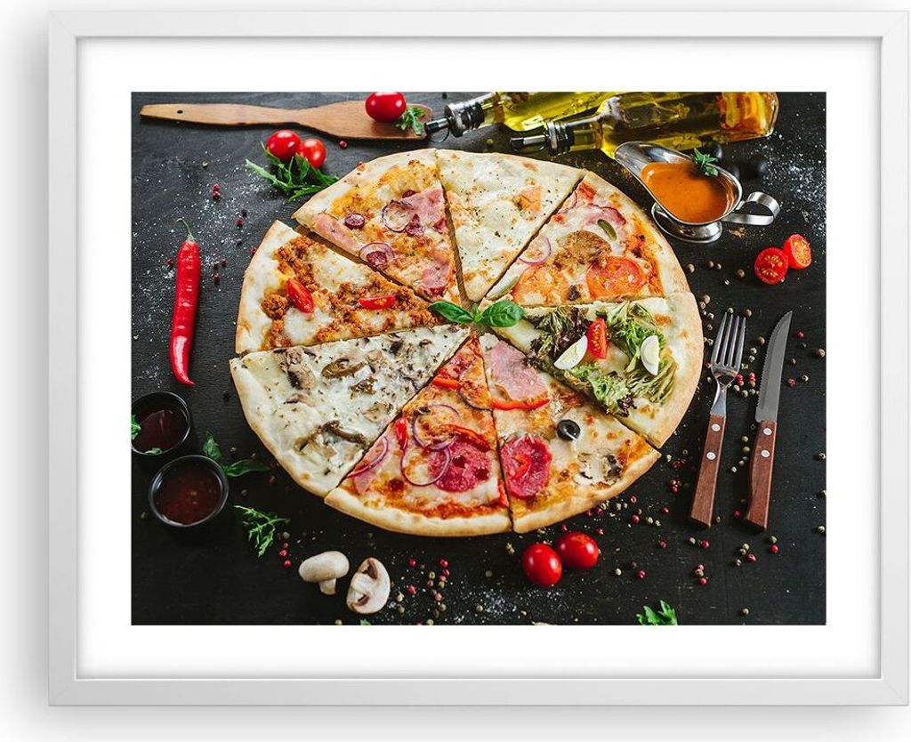 Gerahmtes Poster - Weißer Rahmen - Pizza Käse Tomaten - 50x40 cm - Wand Bild - Wanddeko - Wandbilder - Kunstposter - Wandposter - Bilderrahmen - ...