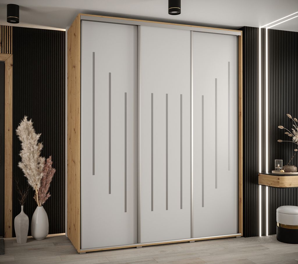 Kleiderschrank YVONA 8 - 200/60 cm, Eiche handwerklich / weiß / silber